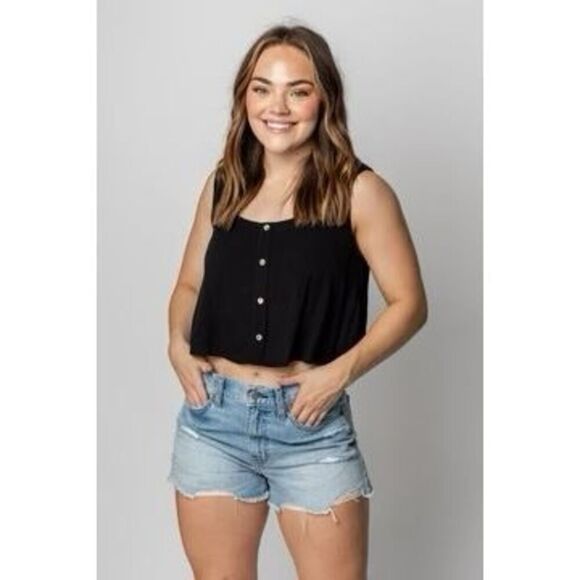 ✨FREE PEOPLE BLACK CRINKLE BUTTON FRONT SWING CROP SZ MEDIUM TOP✨ - Picture 2 of 11